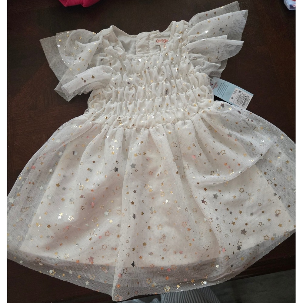 Cat & Jack Toddler Girls Cream Metallic Gold Star Tulle Smocked Dress 2T NEW